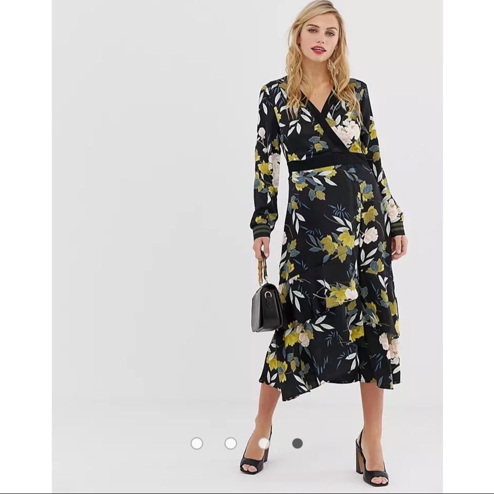 ASOS Liquorish wrap front black floral midi dress 10